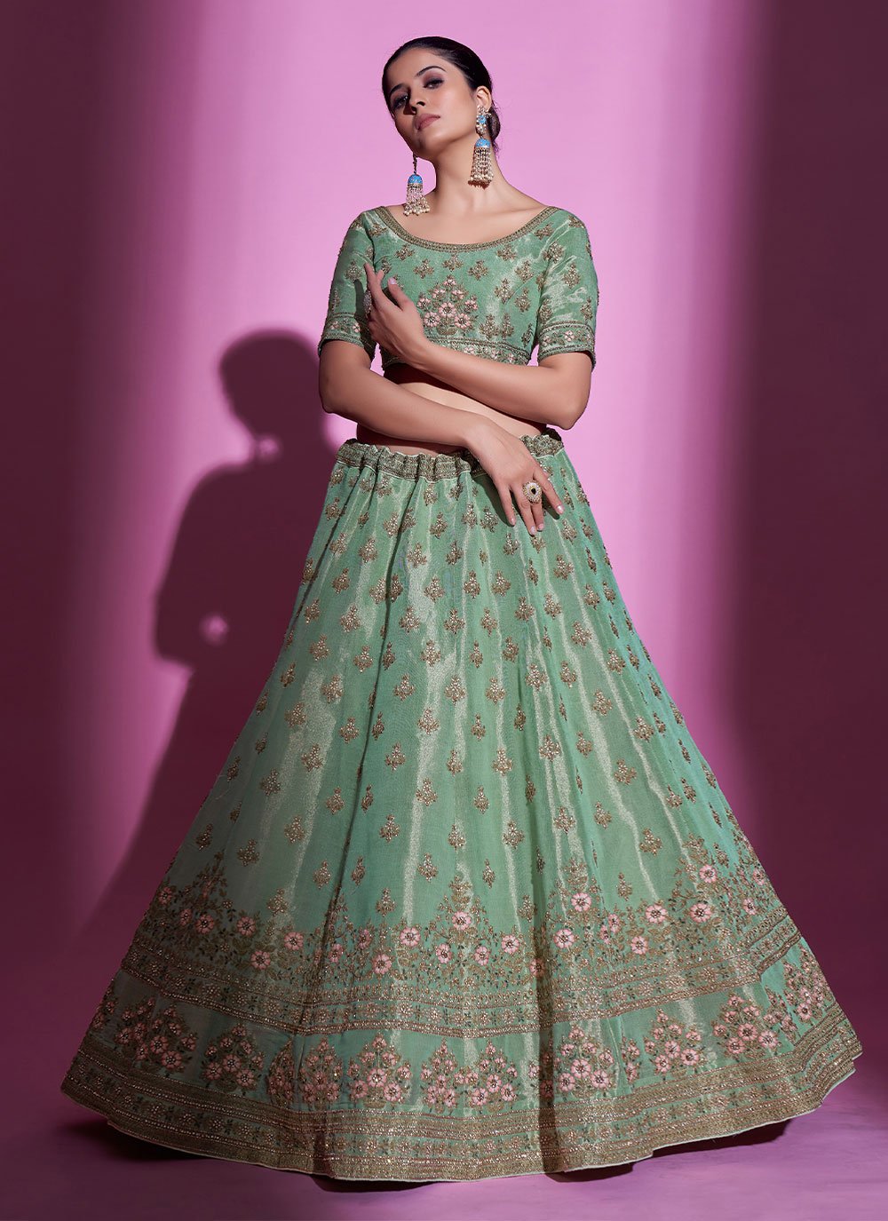 A Line Lehenga Silk Sea Green Stone Lehenga Choli