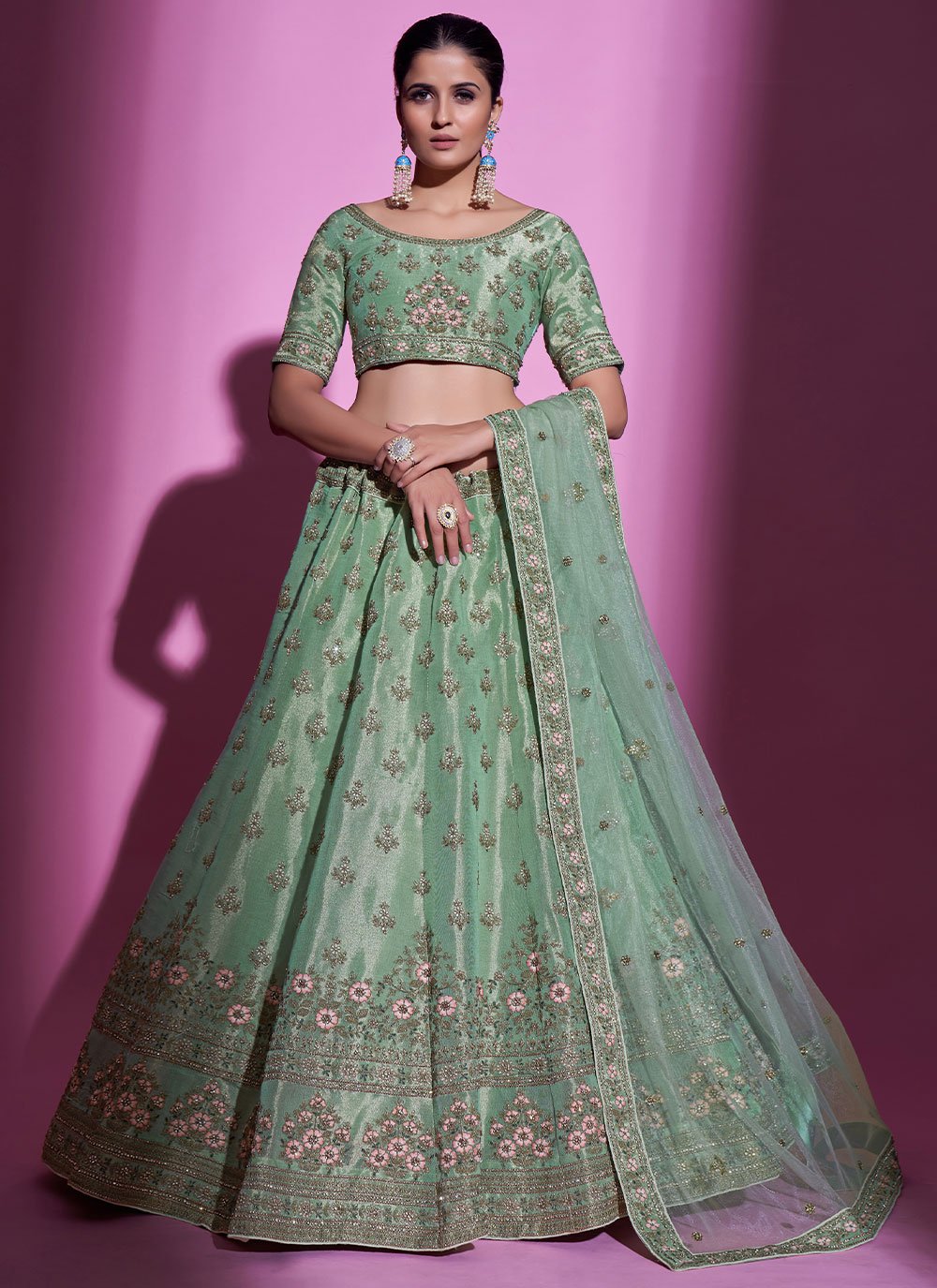 A Line Lehenga Silk Sea Green Stone Lehenga Choli