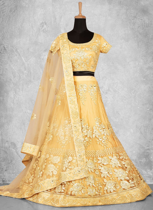 A Line Lehenga Net Satin Silk Yellow Cord Work Lehenga Choli