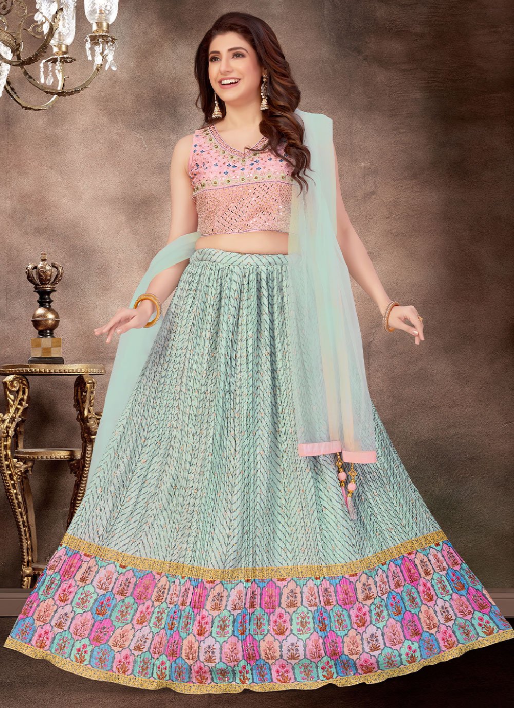 A Line Lehenga Silk Aqua Blue Embroidered Lehenga Choli