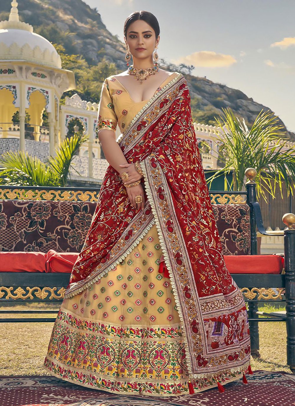 A Line Lehenga Organza Beige Woven Lehenga Choli