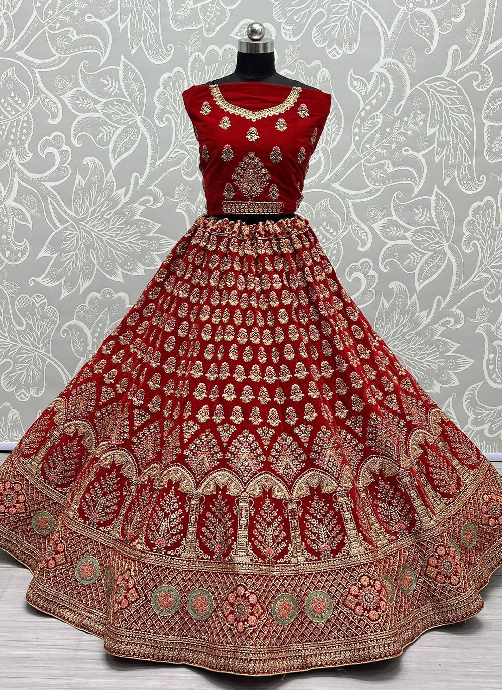 A Line Lehenga Velvet Red Dori Work Lehenga Choli