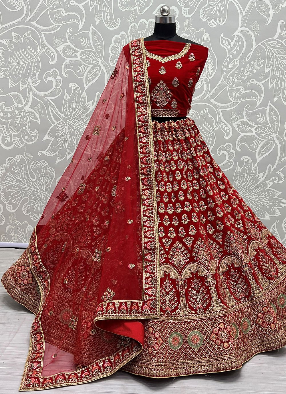 A Line Lehenga Velvet Red Dori Work Lehenga Choli