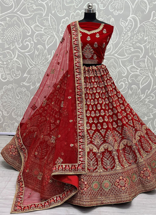 A Line Lehenga Velvet Red Dori Work Lehenga Choli