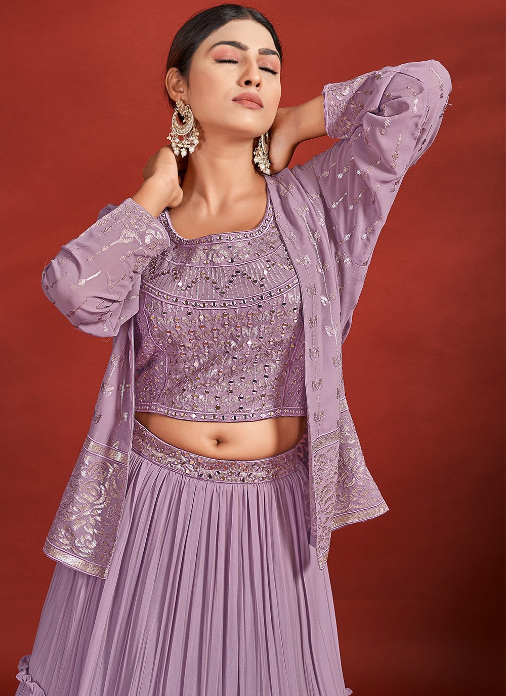 A Line Lehenga Georgette Purple Mirror Lehenga Choli