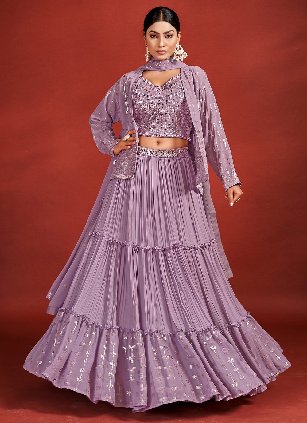 A Line Lehenga Georgette Purple Mirror Lehenga Choli