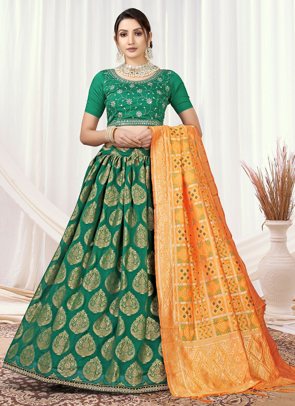 A Line Lehenga Viscose Green Jacquard Work Lehenga Choli