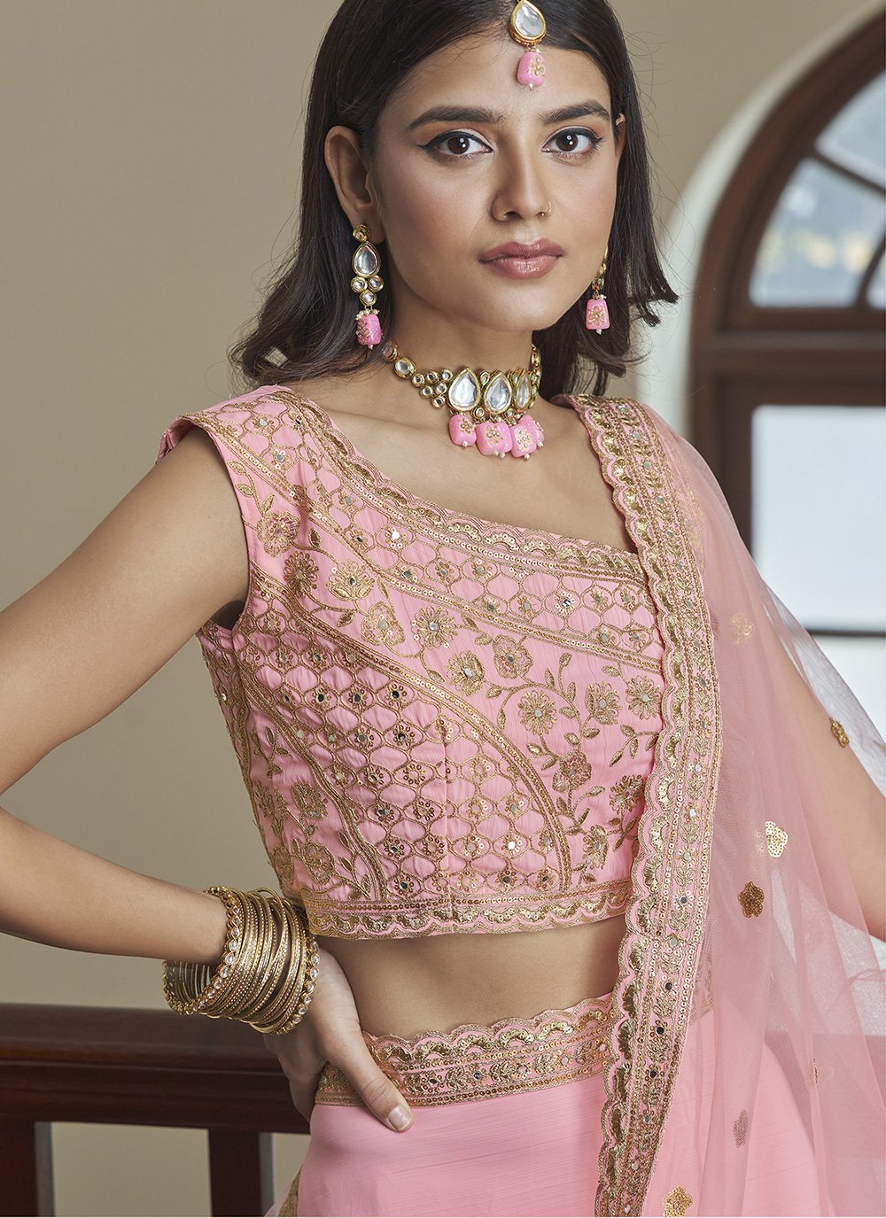 A Line Lehenga Silk Pink Dori Work Lehenga Choli