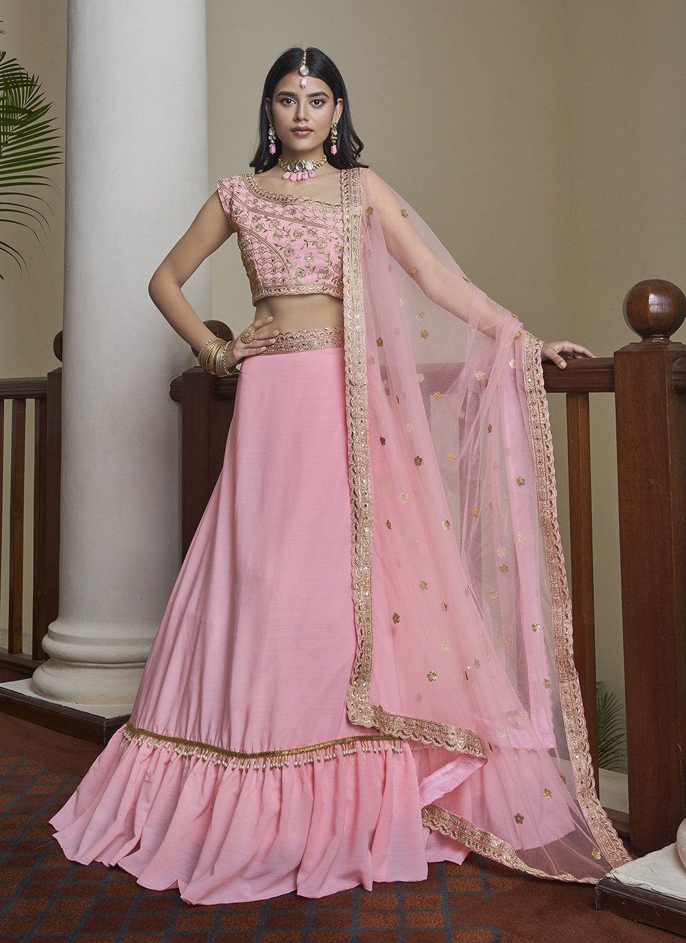 A Line Lehenga Silk Pink Dori Work Lehenga Choli