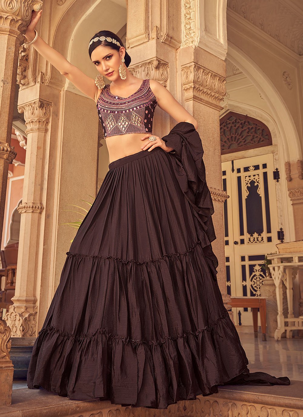 A Line Lehenga Chinon Brown Plain Lehenga Choli