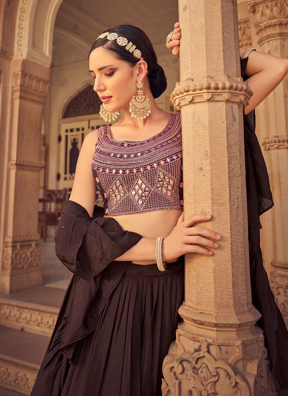 A Line Lehenga Chinon Brown Plain Lehenga Choli