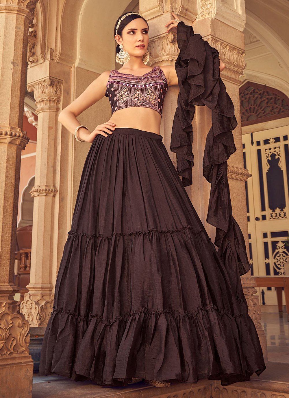 A Line Lehenga Chinon Brown Plain Lehenga Choli