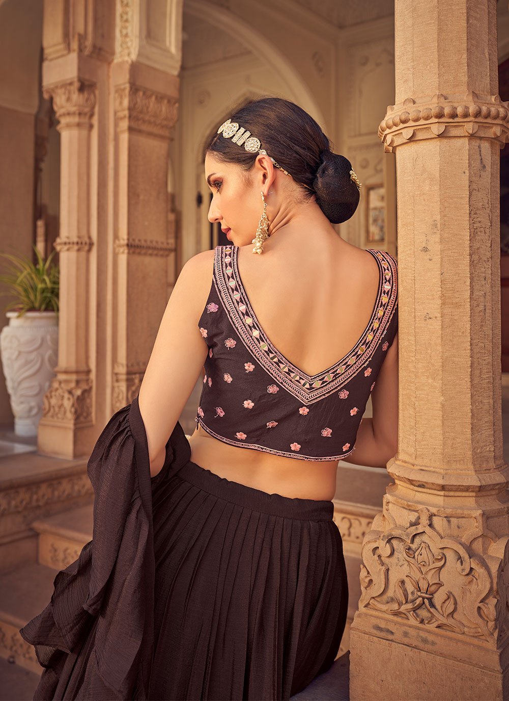 A Line Lehenga Chinon Brown Plain Lehenga Choli