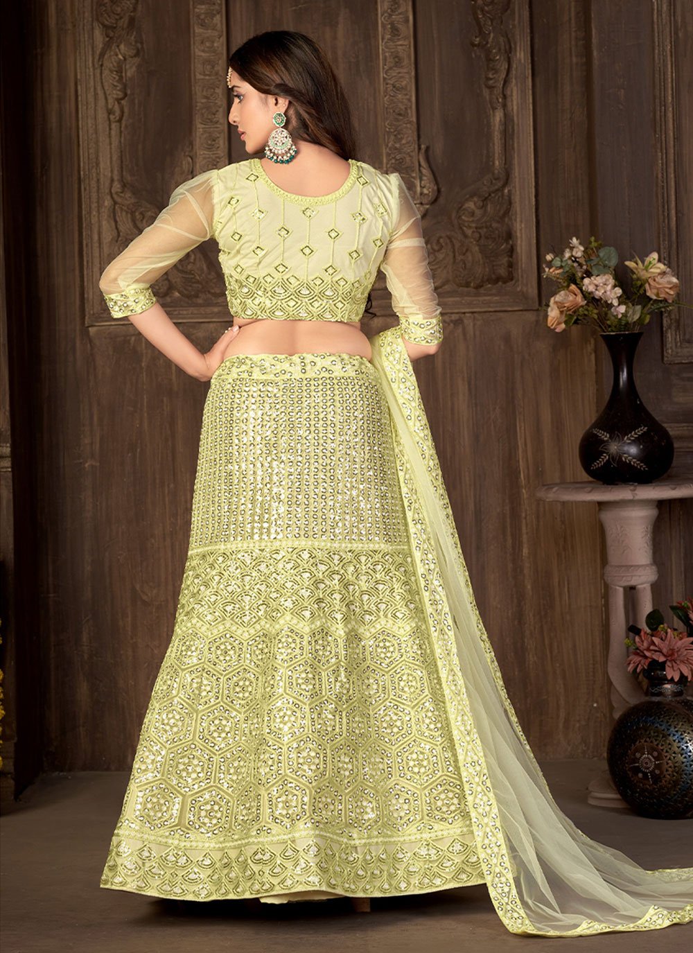 A Line Lehenga Net Green Embroidered Lehenga Choli