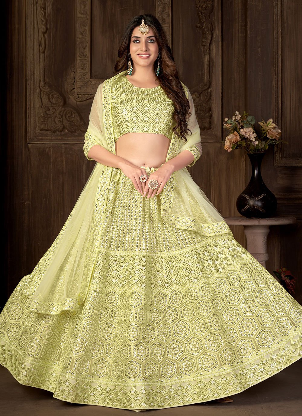 A Line Lehenga Net Green Embroidered Lehenga Choli