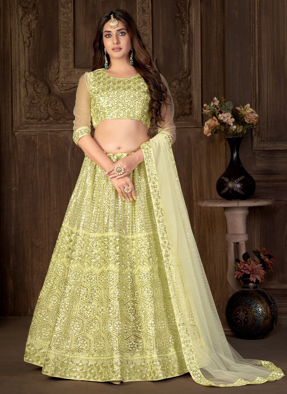 A Line Lehenga Net Green Embroidered Lehenga Choli