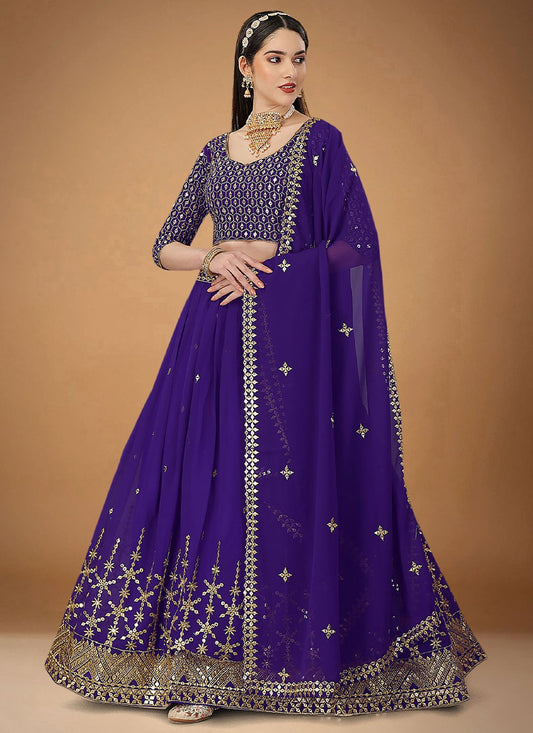 A Line Lehenga Faux Georgette Violet Embroidered Lehenga Choli