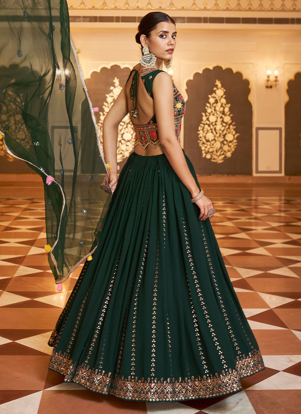 A Line Lehenga Georgette Green Embroidered Lehenga Choli