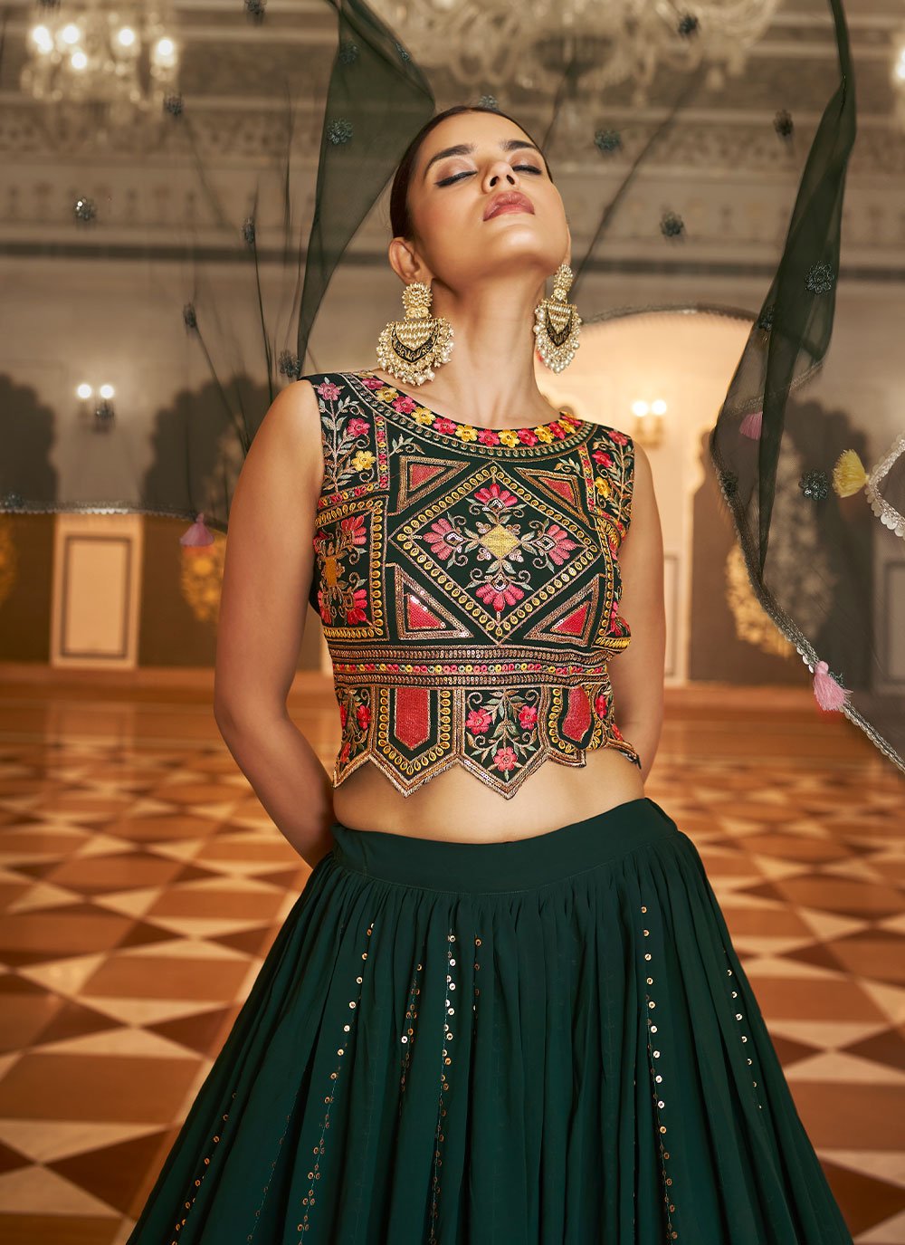 A Line Lehenga Georgette Green Embroidered Lehenga Choli