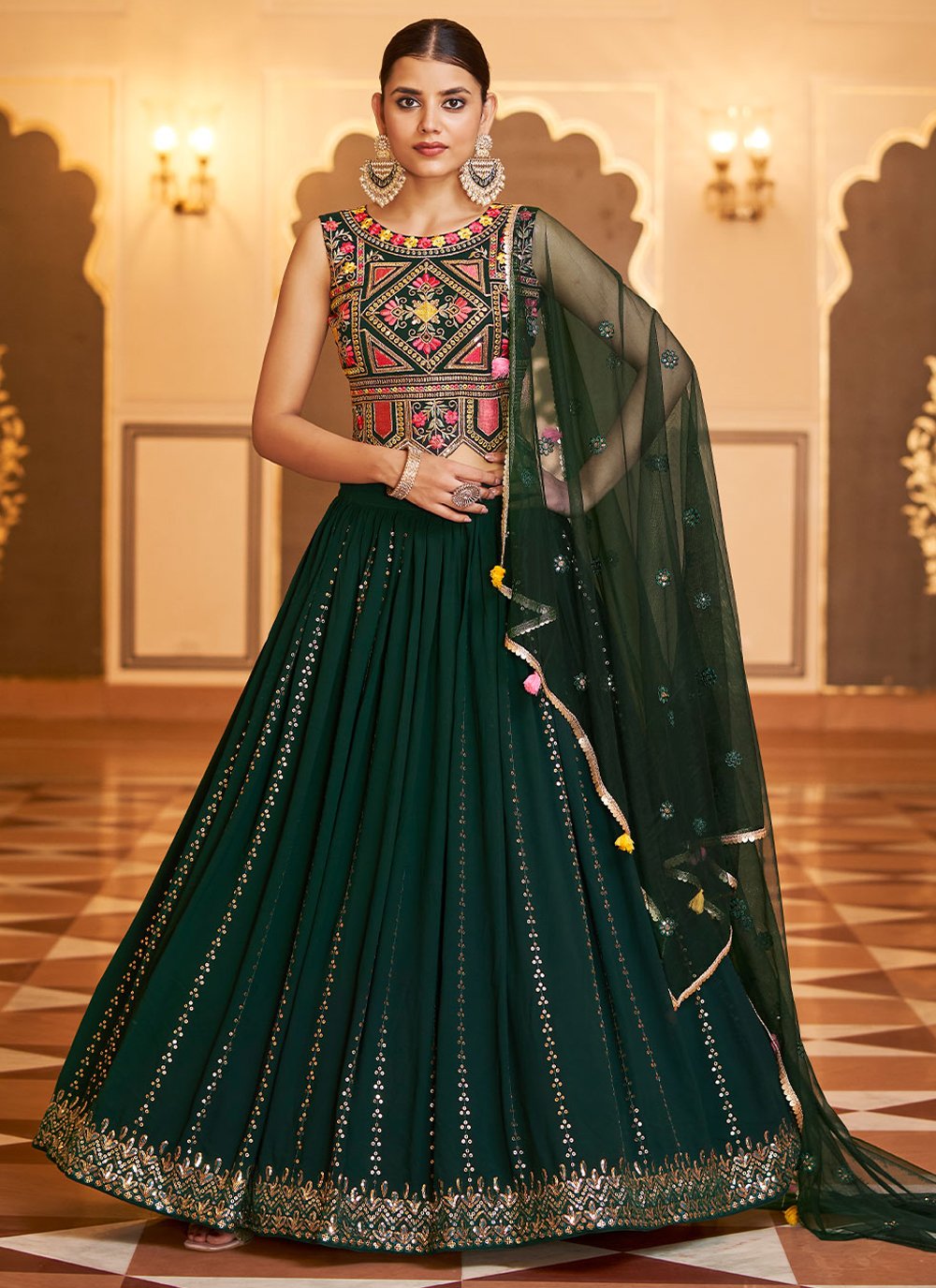 A Line Lehenga Georgette Green Embroidered Lehenga Choli