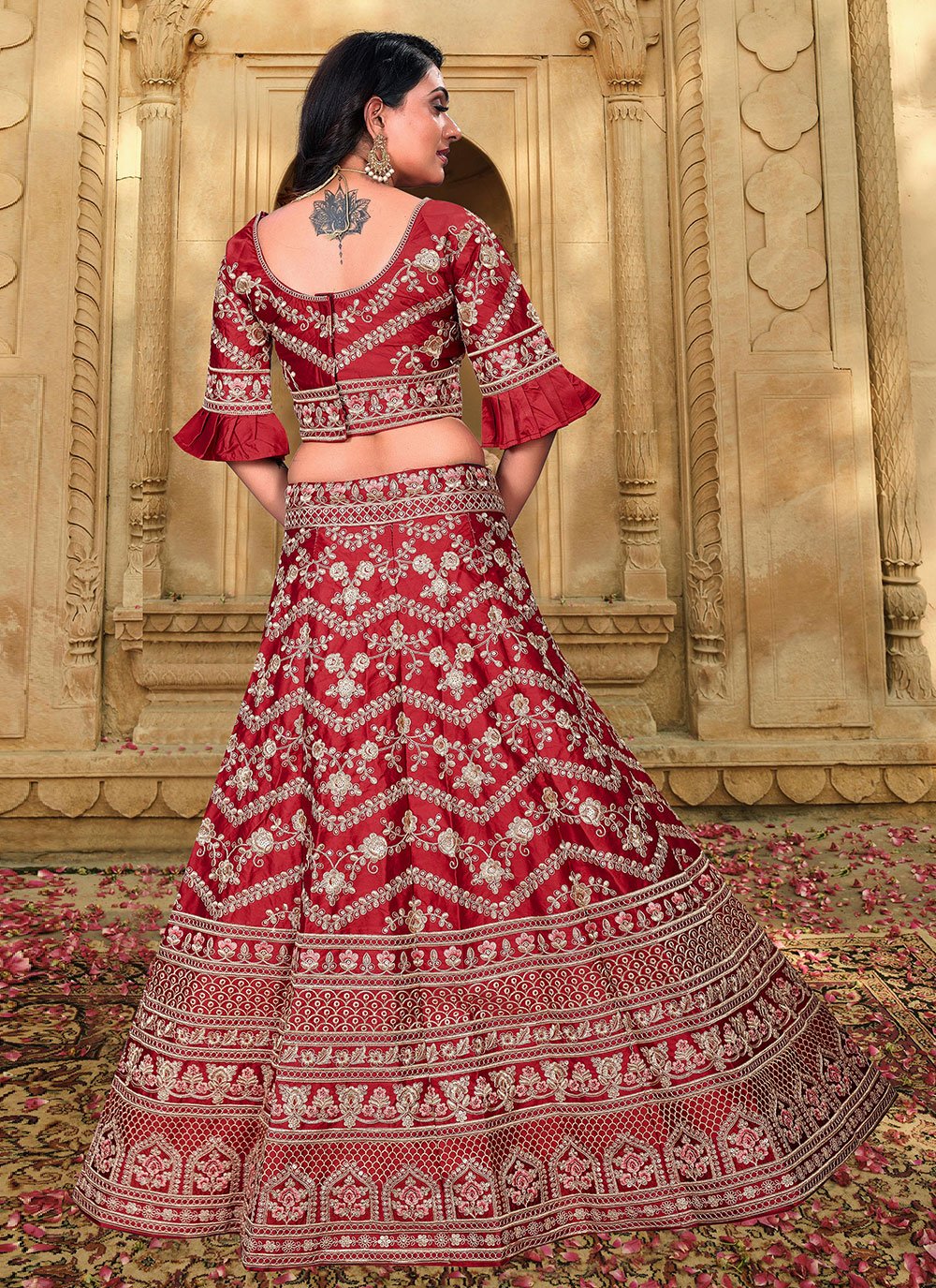 A Line Lehenga Satin Maroon Embroidered Lehenga Choli