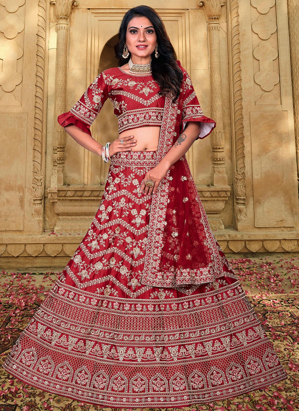 A Line Lehenga Satin Maroon Embroidered Lehenga Choli