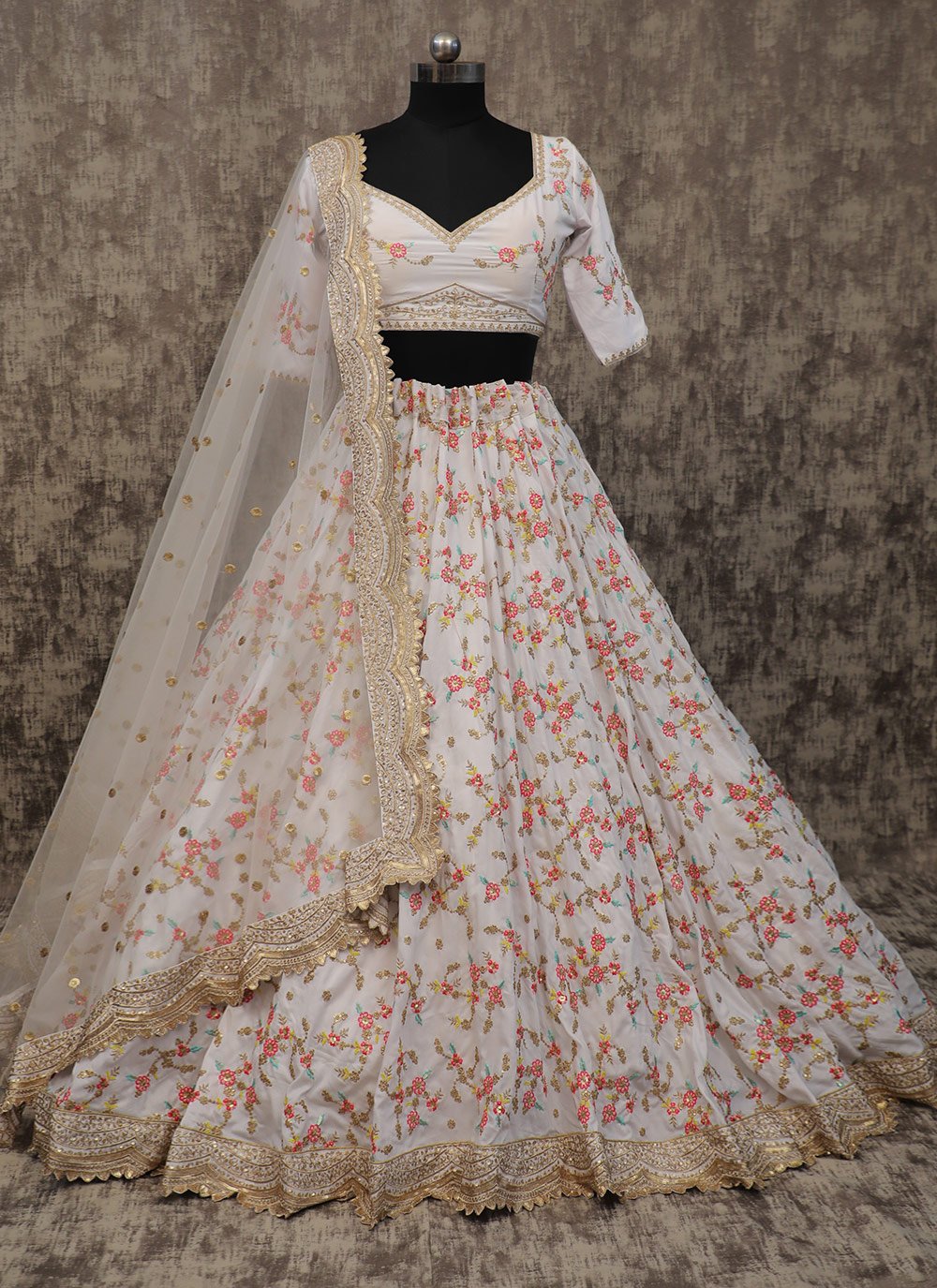 A Line Lehenga Silk White Embroidered Lehenga Choli