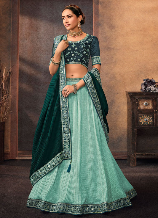 A Line Lehenga Chinon Turquoise Aari Work Lehenga Choli