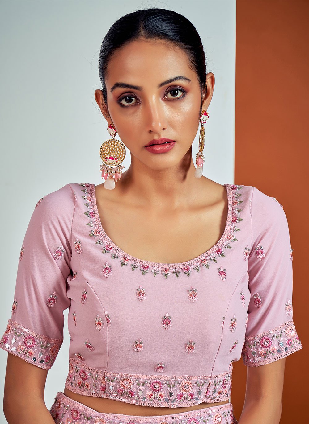 Lehenga Choli Georgette Pink Aari Work Lehenga Choli