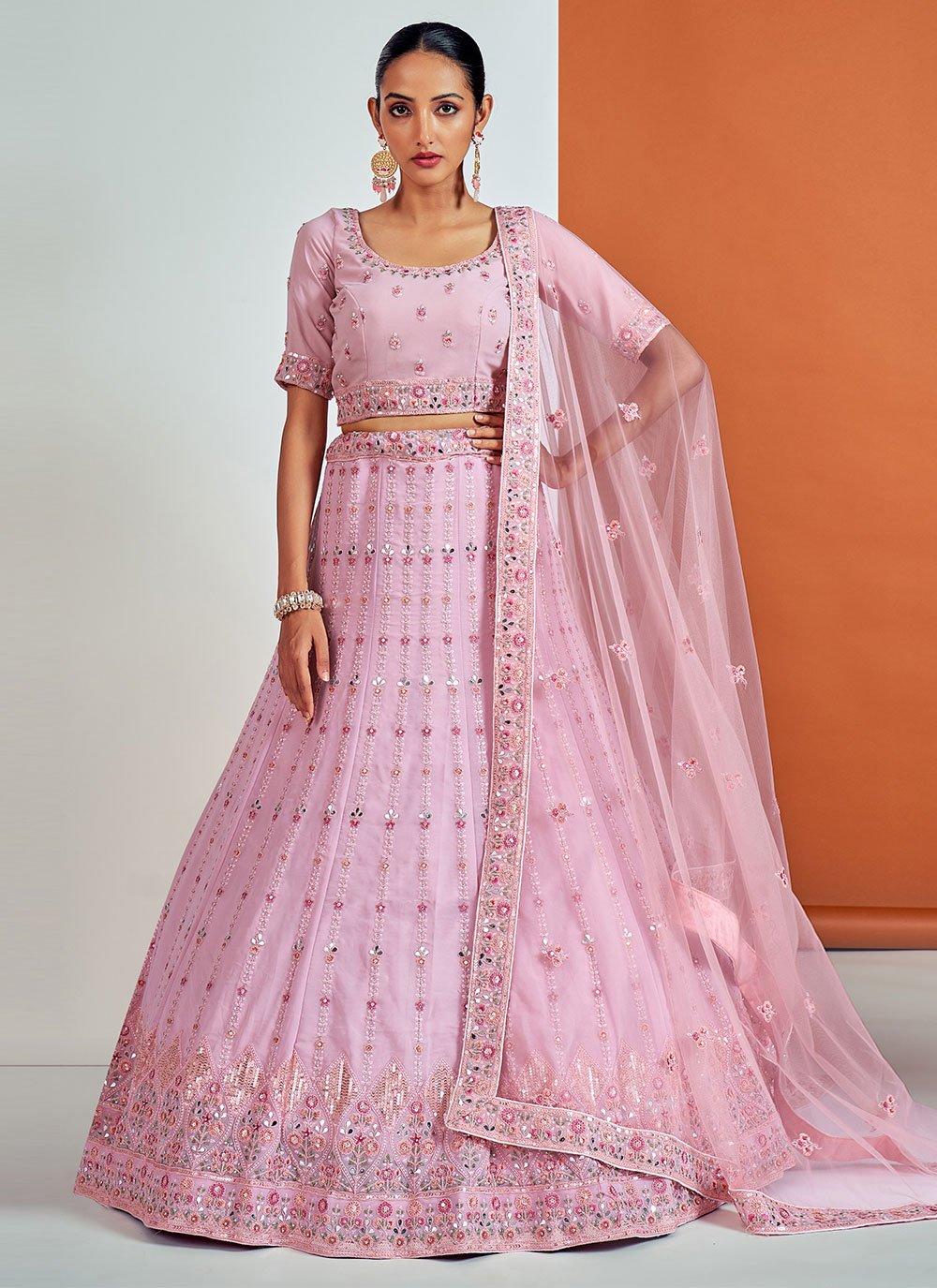 Lehenga Choli Georgette Pink Aari Work Lehenga Choli