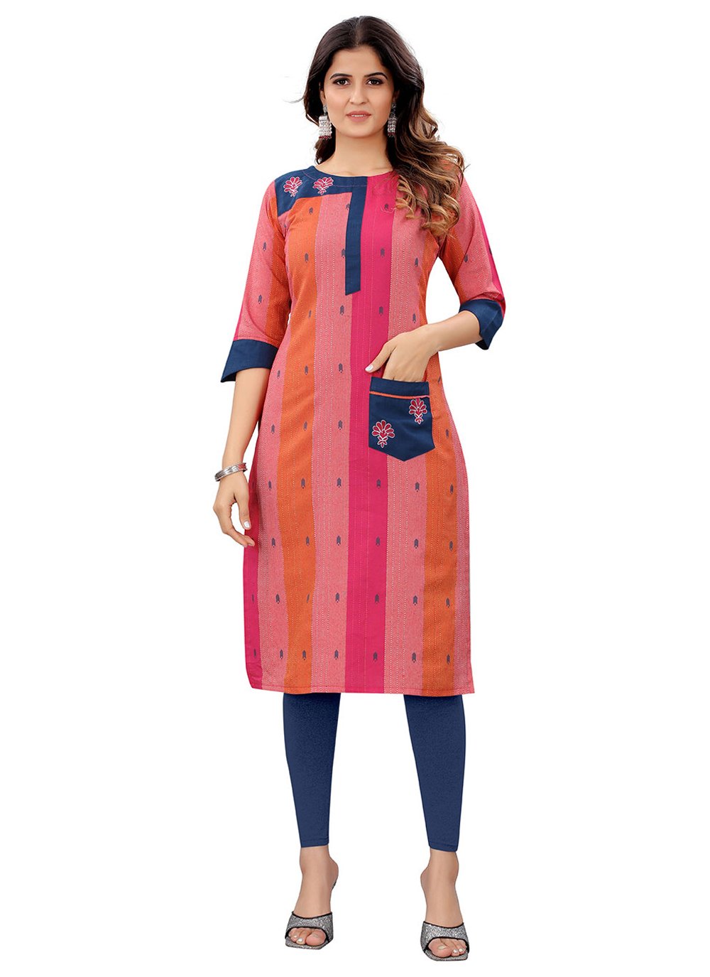 Designer Kurti Cotton Multi Colour Aari Work Kurtis