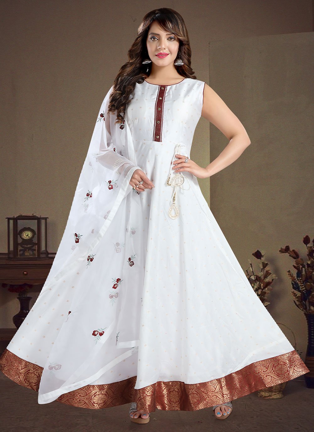 Anarkali Suit Chanderi White Broches Salwar Kameez