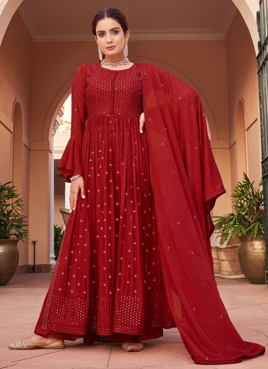 Anarkali Suit Chinon Maroon Embroidered Salwar Kameez