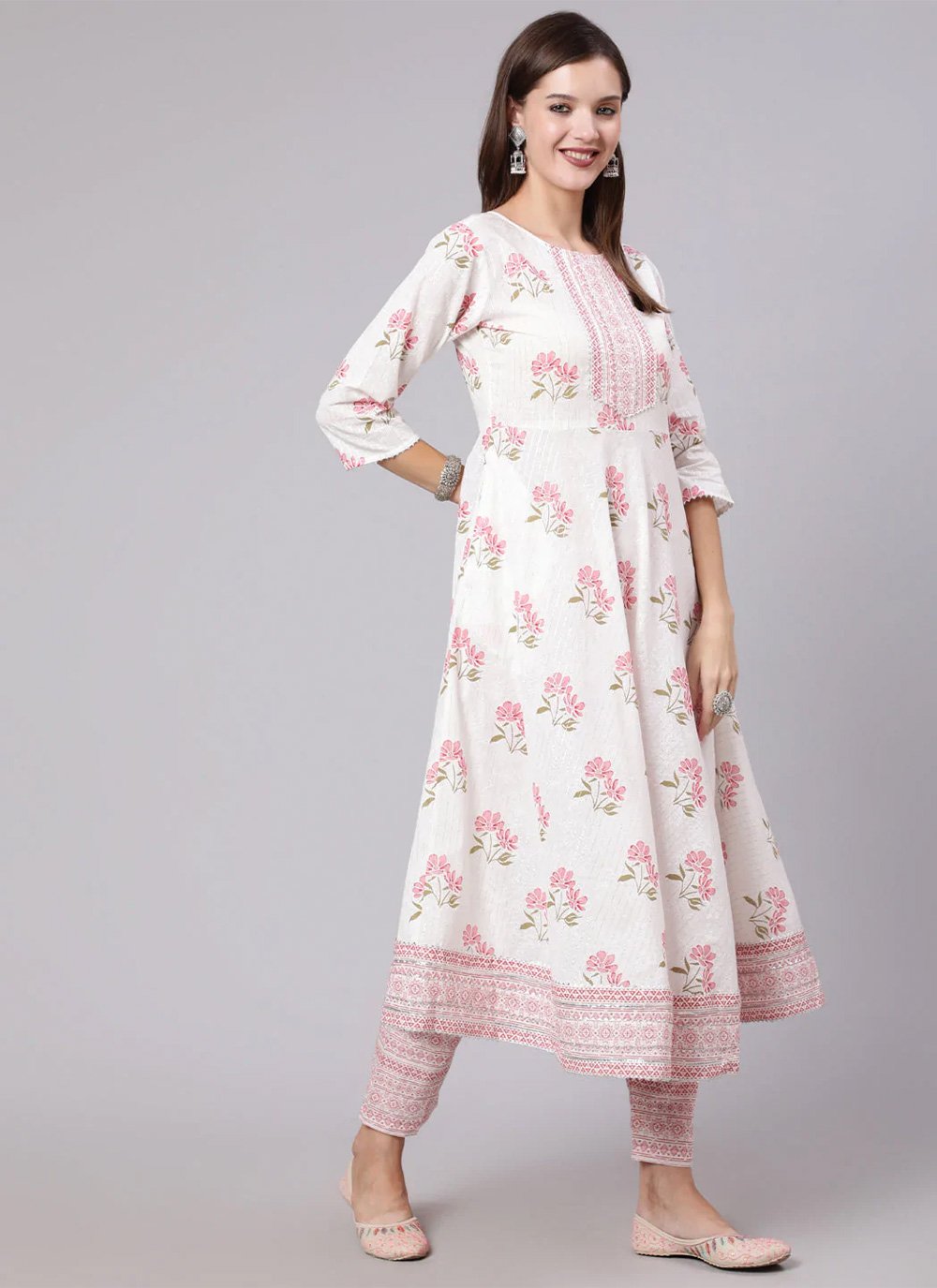 Anarkali Suit Cotton Pink White Print Salwar Kameez