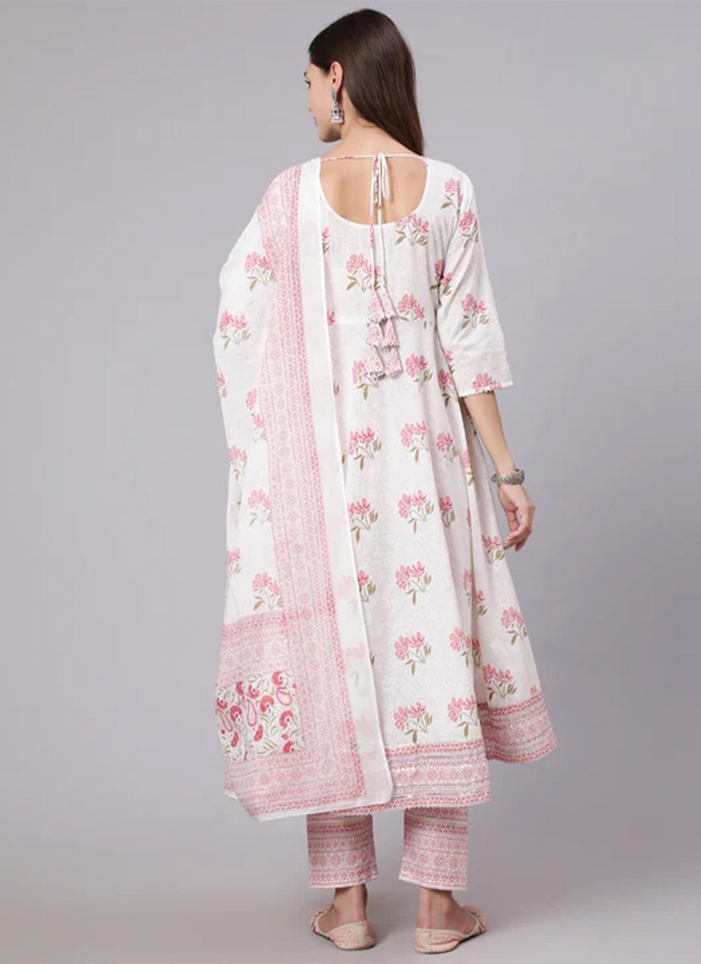 Anarkali Suit Cotton Pink White Print Salwar Kameez