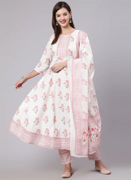 Anarkali Suit Cotton Pink White Print Salwar Kameez
