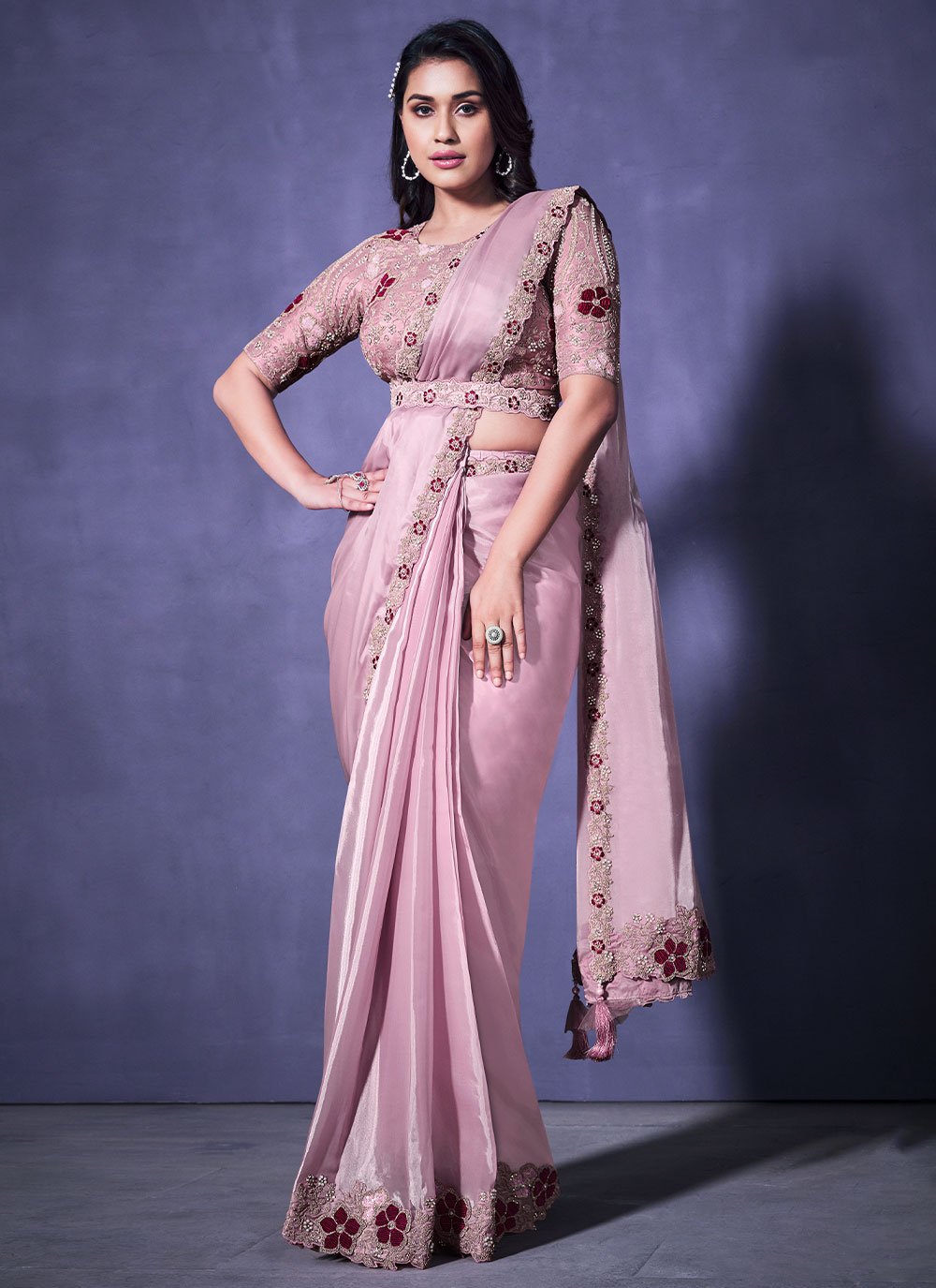 Classic Faux Crepe Satin Silk Purple Applique Work Saree