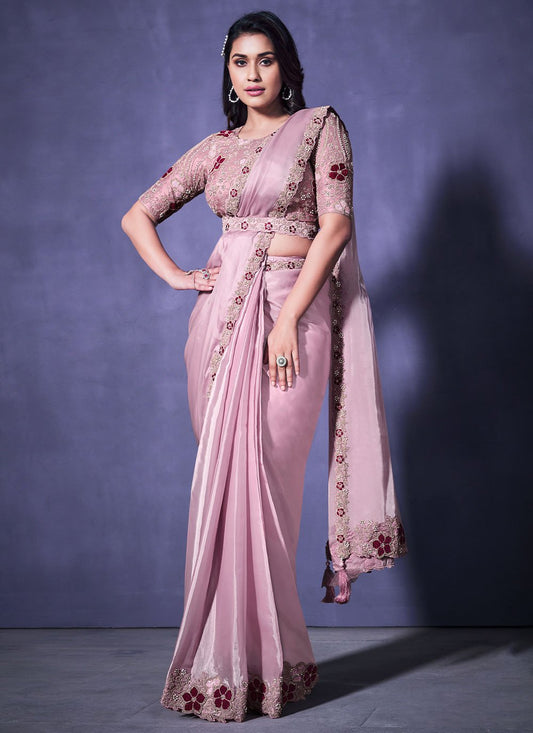 Classic Faux Crepe Satin Silk Purple Applique Work Saree