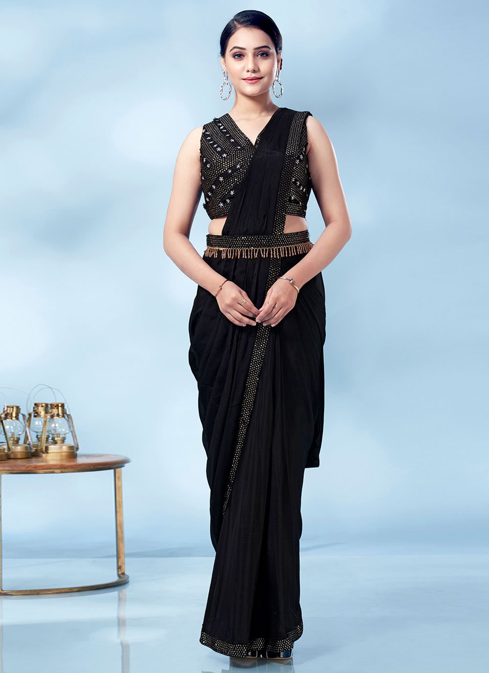 Contemporary Chinon Aqua Blue Black Patch Border Saree