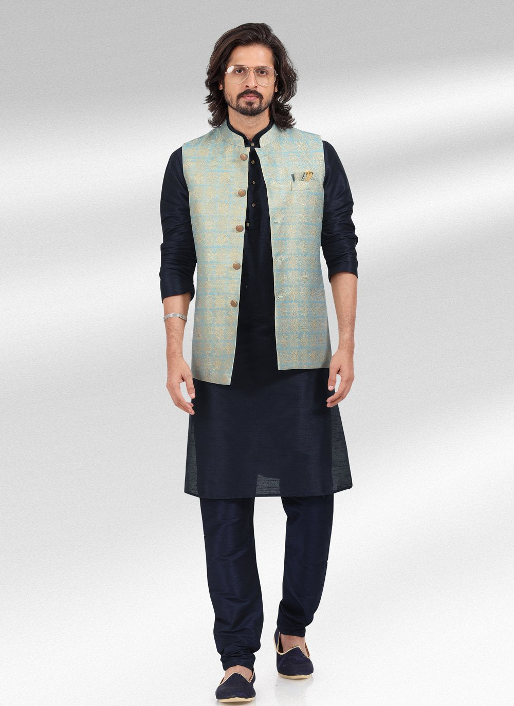 Kurta Payjama With Jacket Banarasi Jacquard Aqua Blue Blue Fancy Work Mens