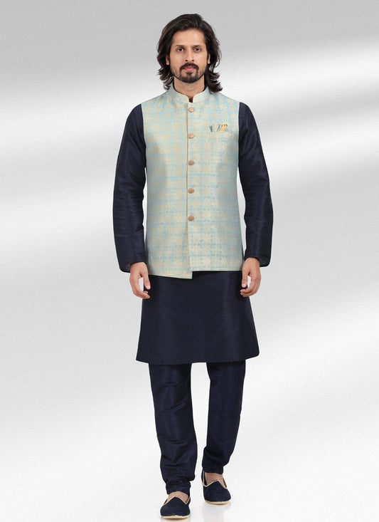 Kurta Payjama With Jacket Banarasi Jacquard Aqua Blue Blue Fancy Work Mens