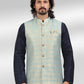 Kurta Payjama With Jacket Banarasi Jacquard Aqua Blue Blue Fancy Work Mens