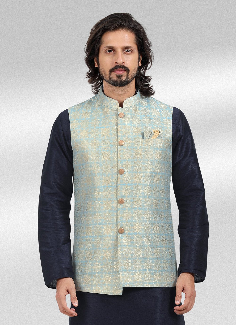 Kurta Payjama With Jacket Banarasi Jacquard Aqua Blue Blue Fancy Work Mens