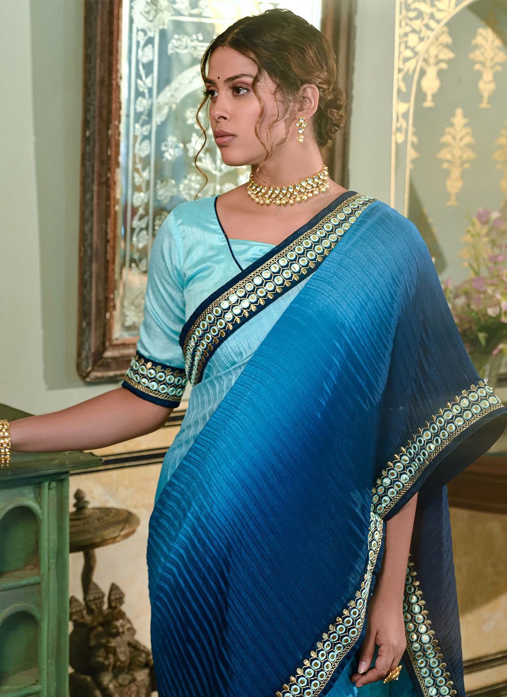 Classic Chinon Crush Aqua Blue Blue Embroidered Saree