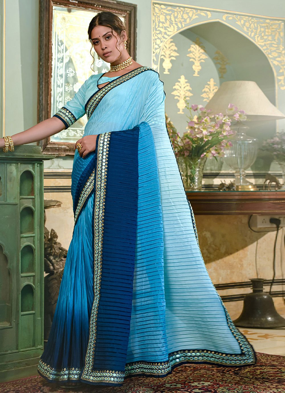 Classic Chinon Crush Aqua Blue Blue Embroidered Saree