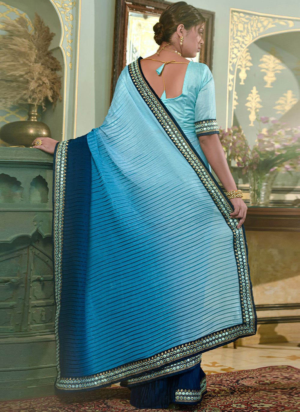 Classic Chinon Crush Aqua Blue Blue Embroidered Saree