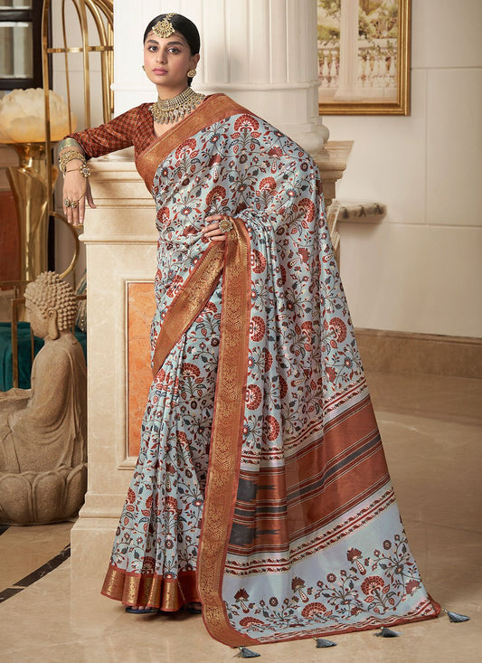 Contemporary Silk Aqua Blue Brown Digital Print Saree