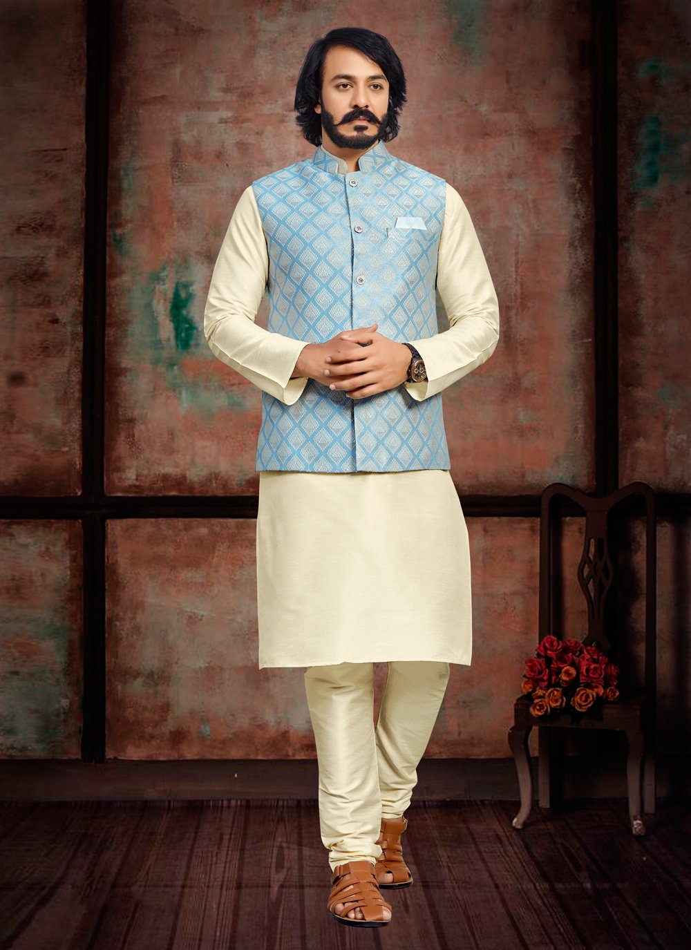 Kurta Payjama With Jacket Art Silk Jacquard Aqua Blue Cream Fancy Work Mens