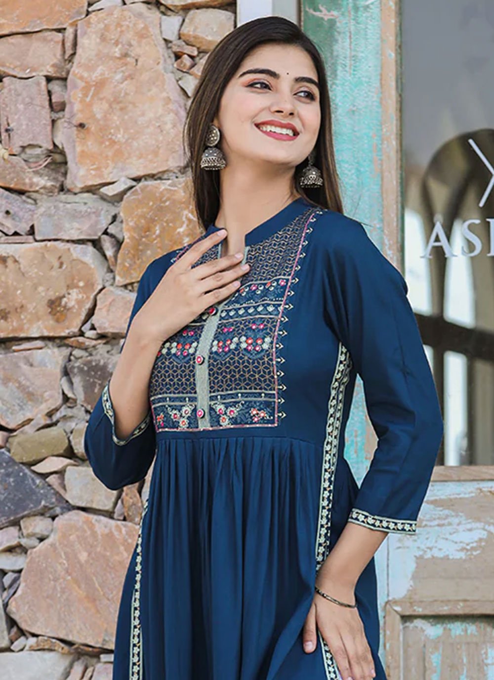 Casual Kurti Rayon Aqua Blue Morpeach Embroidered Kurtis