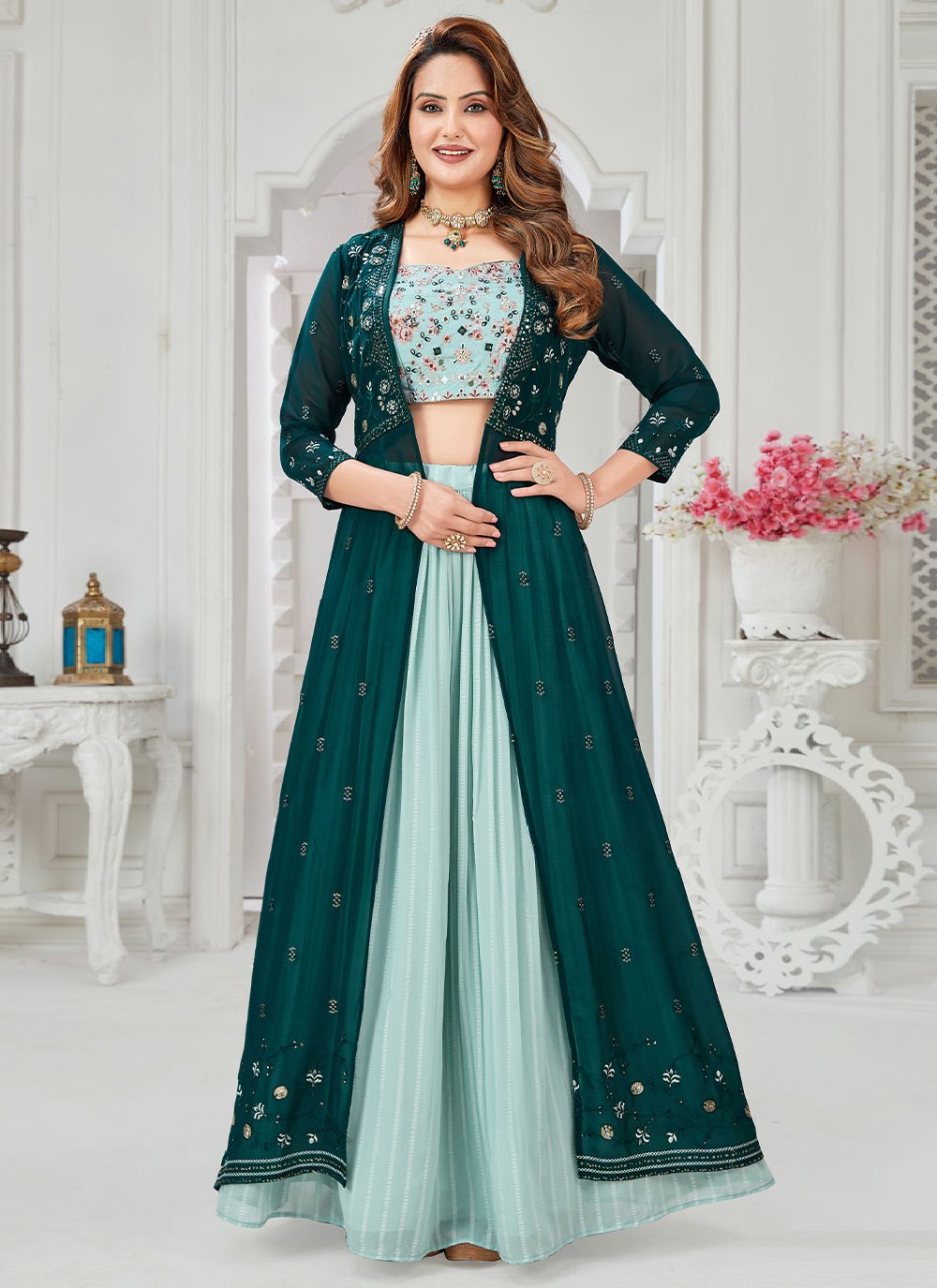 Lehenga Choli Georgette Silk Aqua Blue Morpeach Embroidered Lehenga Choli